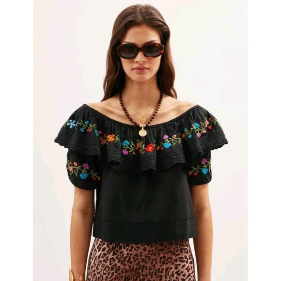 RIXO Lisette Top Floral-Embroidered Cotton Off The Shoulder Shirt Boho Preppy XS - Picture 1 of 9